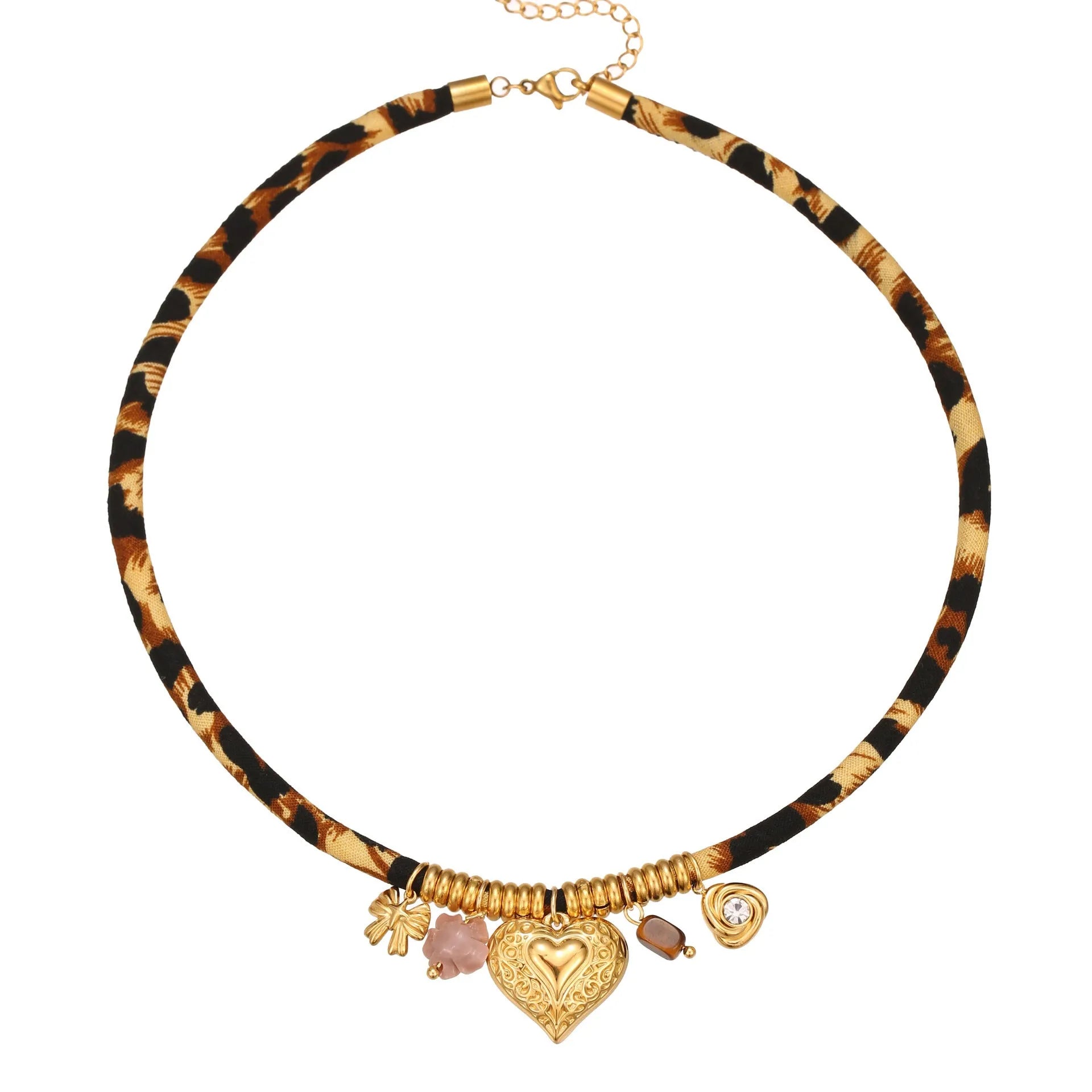 Women's stainless steel necklace with geometric leopard pendant and gold electroplated chain