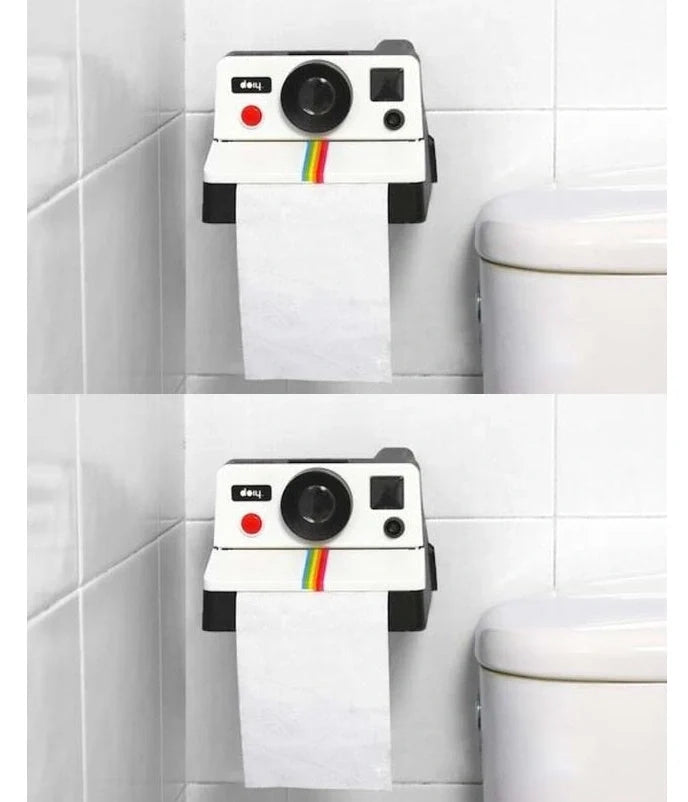 Retro Instagram camera-shaped paper towel box in vibrant colors