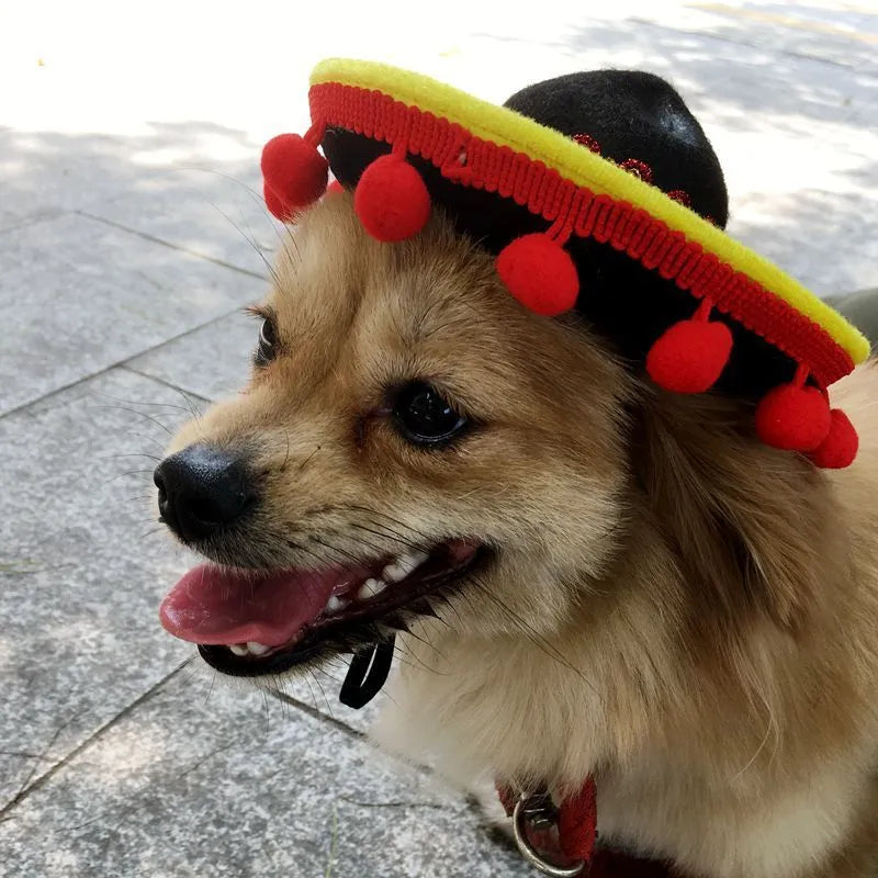 Mexican Style Pet Hat Dog Hat for Small Pets Cloth Sombrero with Red Ball or Brown Lace 17cm Diameter Four Seasons Pet Supplies