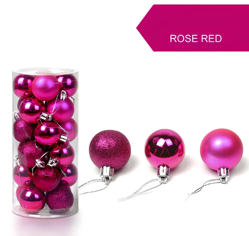 Christmas ball decorations in blue, green, purple, red, rose red, and silver colours showing 4cm, 6cm, and 8cm size comparison
