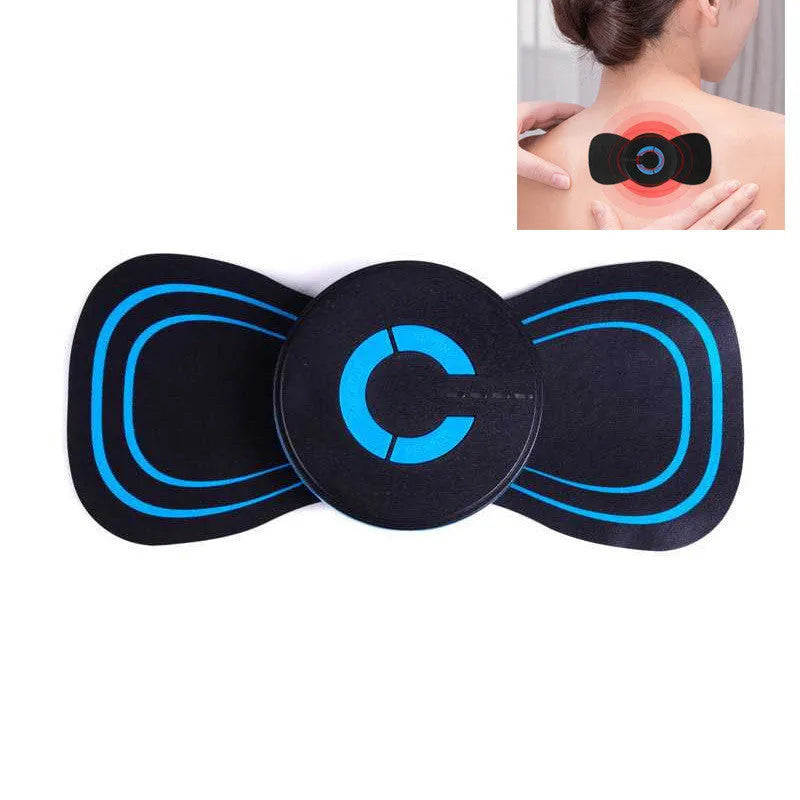Black HQ-185 mini electric shoulder and neck massager with massage patch, showing compact 15cm size.