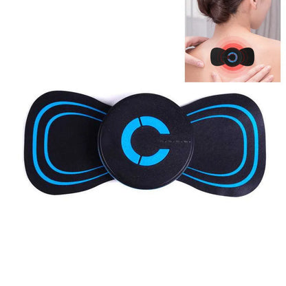 Black HQ-185 mini electric shoulder and neck massager with massage patch, showing compact 15cm size.