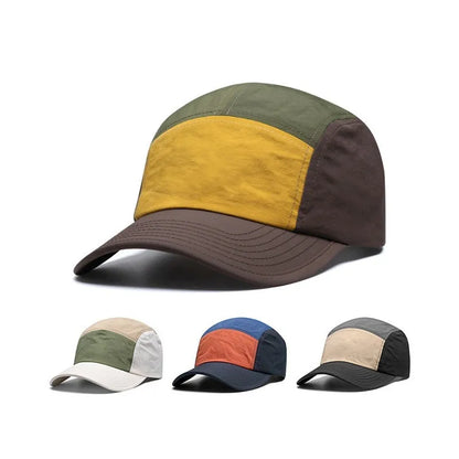 Men's khaki baseball cap with curved brim showing five-panel construction and adjustable strap