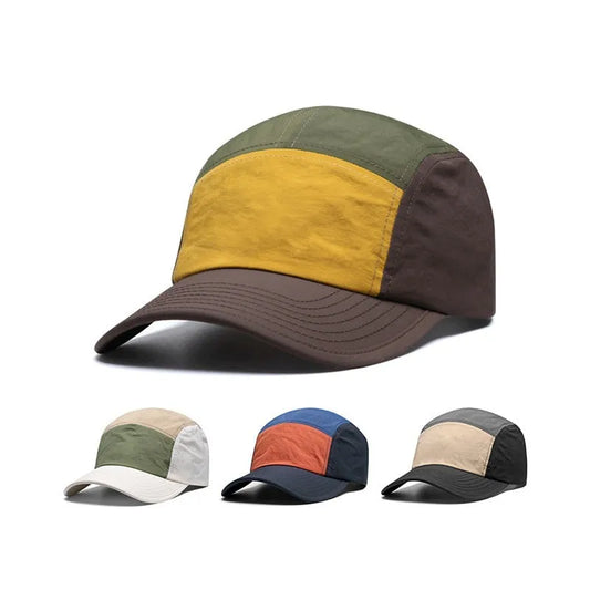 Men's khaki baseball cap with curved brim showing five-panel construction and adjustable strap