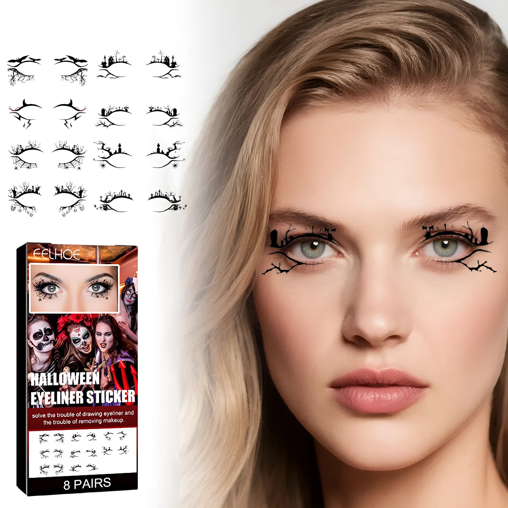 Bat and spider themed eyeliner stickers set with 8 pairs for decorative eye makeup