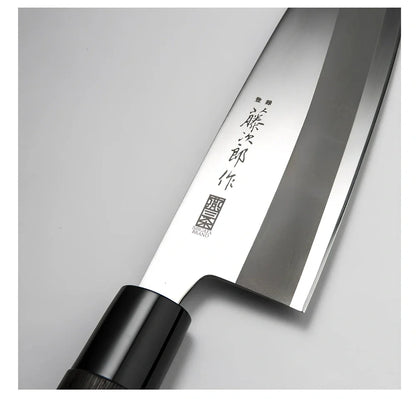 Stainless steel kitchen knife with 193mm blade, 62° point angle, and chestnut handle