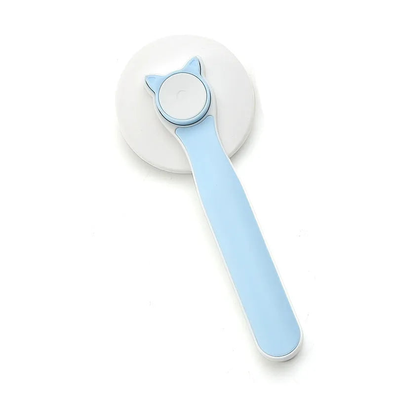Blue self-cleaning pet grooming brush with stainless steel pins and ergonomic rubber handle on a grey background