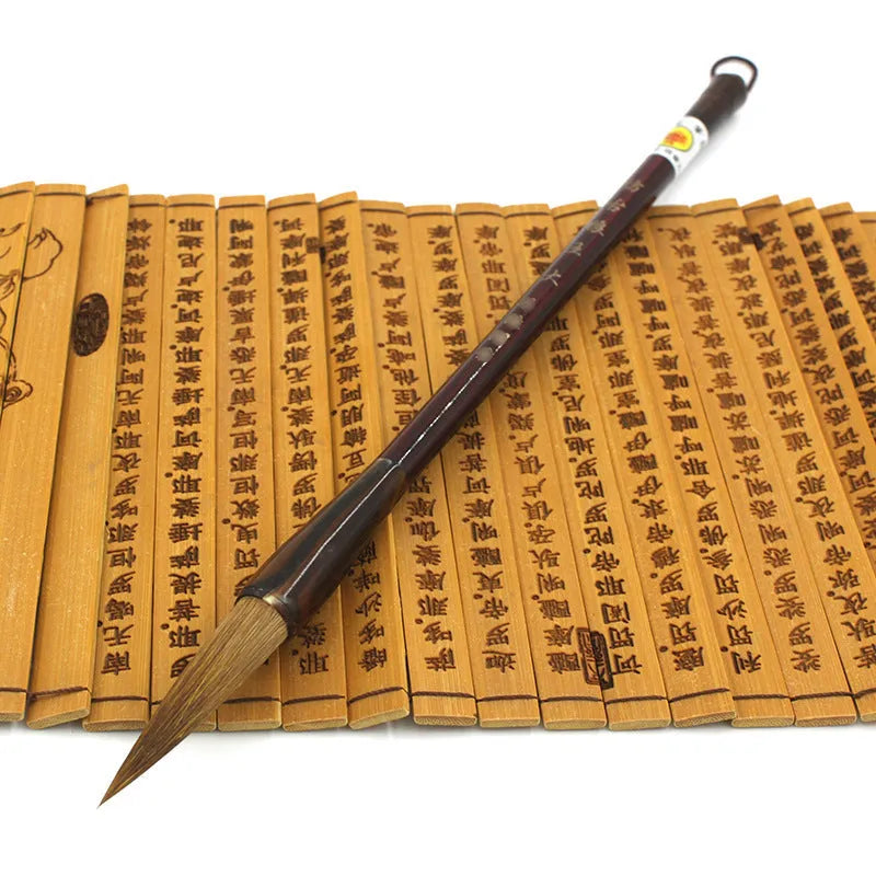 Wolf Hao traditional Chinese calligraphy brush set with steel rod handles and wolf hair nibs in multiple sizes.