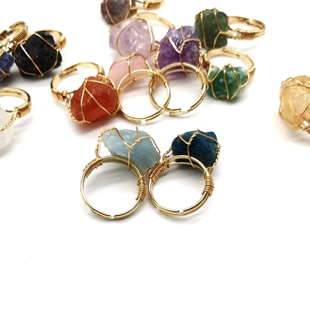 Elegant adjustable ring made with a variety of natural gemstones like citrine, green aventurine, and amethyst