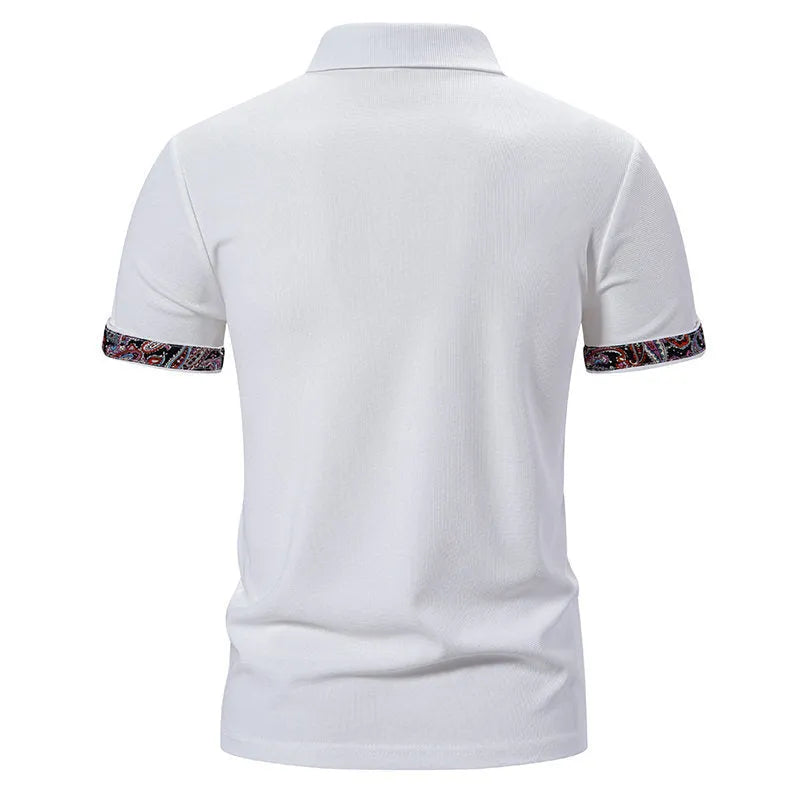 Men's polo shirt in cotton blend fabric with colour stitching at neck, available in white, black, or navy blue with European sizing