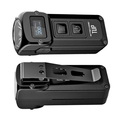 Rugged metal keychain flashlight with bright CREE LED light, OLED display, and durable construction