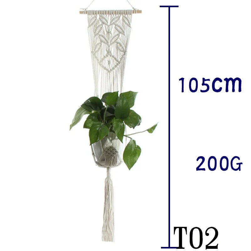 Beige cotton rope hanging basket with various styles for indoor plant display