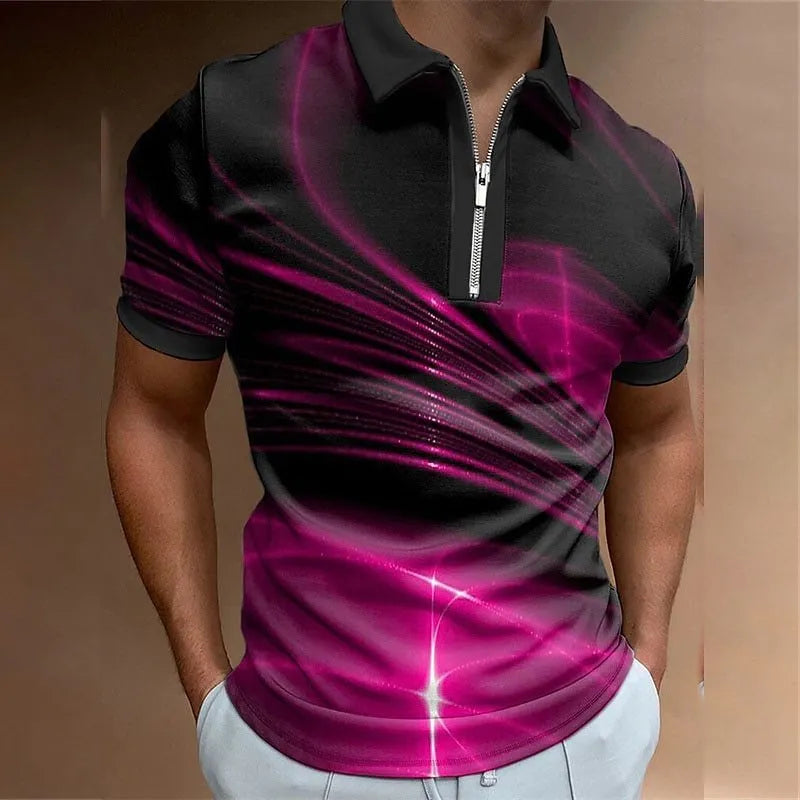 Men's blue loose fit short sleeve polo shirt with a zipper lapel front.