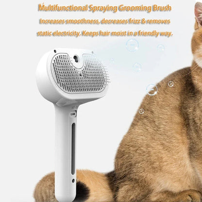 Premium pet grooming brush with integrated mister for effortless detangling and coat conditioning