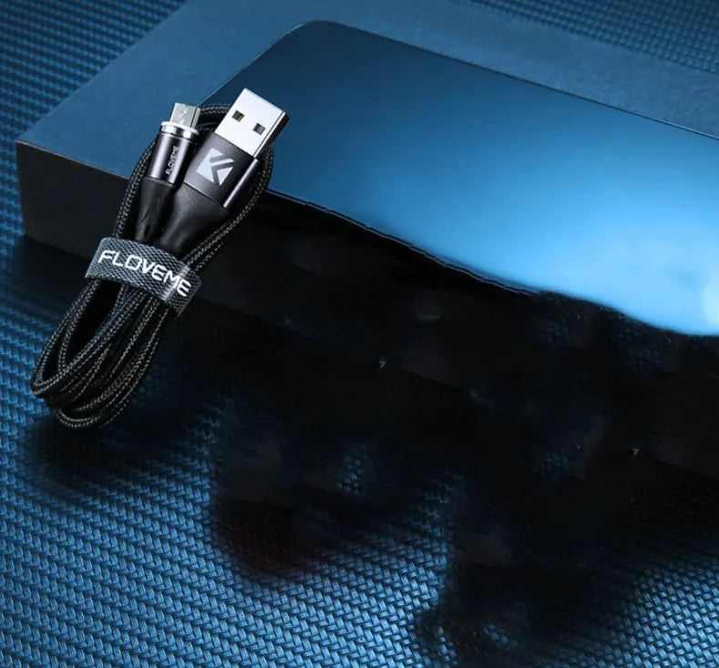Black magnetic fast-charge cable with LED lights and three interchangeable heads for iPhone, Android, and Type-C ports