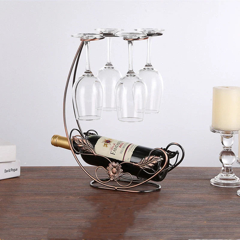 Copper wine rack with hanging glass holder in gold and bronze finishes