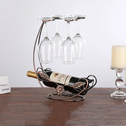 Copper wine rack with hanging glass holder in gold and bronze finishes