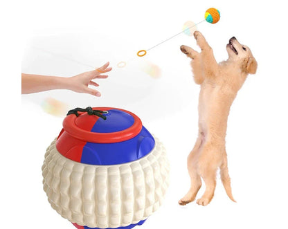 Interactive hand-throwing pet ball with textured rubber surface and retractable drawstring for engaging play and dental care