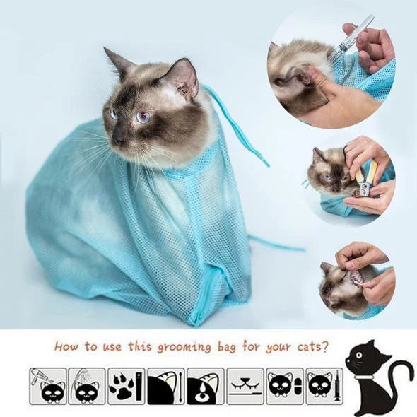 Adjustable polyester cat grooming bag with front zipper for easy paw access