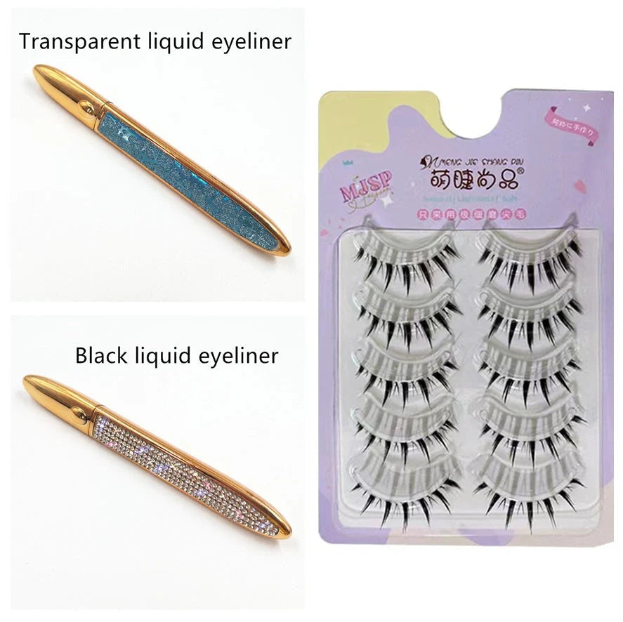 Multifunctional Self-Adhesive Eyeliner & Lashes Set with Black, Coffee, and Transparent Eyeliner Options and Full Diamond, Pearl, and Silver Lash Finishes