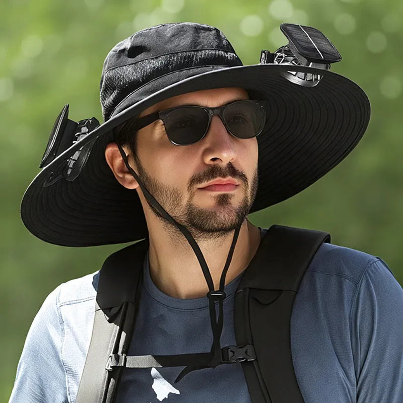 Man wearing a solar-powered fisherman hat with built-in fan for outdoor fishing or hiking