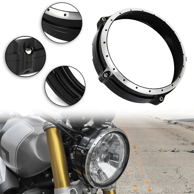 Black CNC aluminium headlight protective frame for BMW R NineT Scrambler motorcycle.