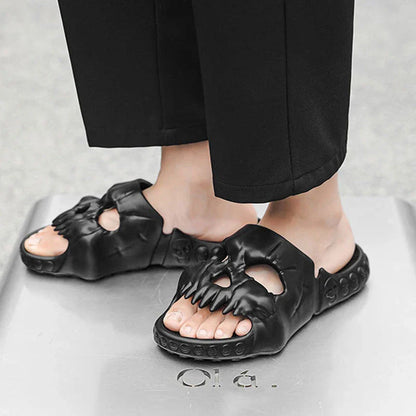 Spooky skull-printed slide sandals in various colors and sizes