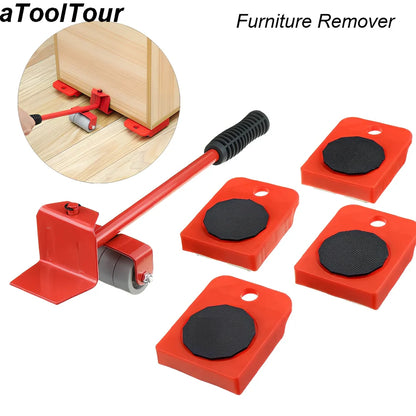 Furniture moving carrier set with black iron crowbar and four pad wheels with anti-skid surfaces
