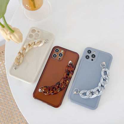 Silicone iPhone case with marble bracelet pattern and side lanyard hole in grey blue colour.