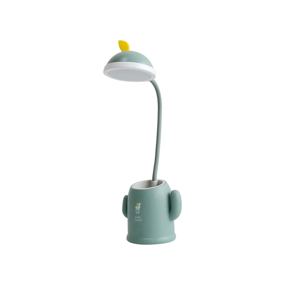 Cactus-shaped table lamp with pen holder and USB cable, available in green, pink, and grey