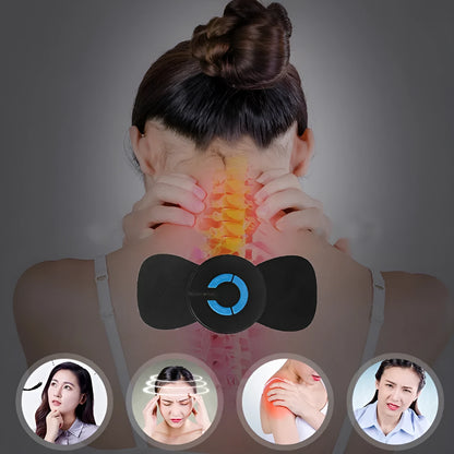 Black HQ-185 mini electric shoulder and neck massager with massage patch, showing compact 15cm size.