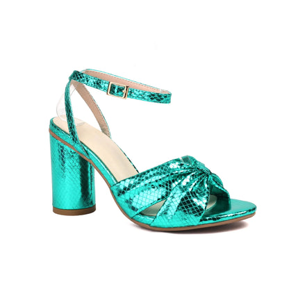 Gold high heel peep toe sandal with an adjustable buckle on the ankle strap.
