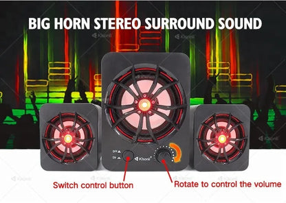 Green 2.1 USB computer speaker with colourful LED lighting effects and dual connectivity ports