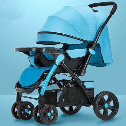 Baby stroller with reversible seat in sky blue colour showing folded and unfolded configurations