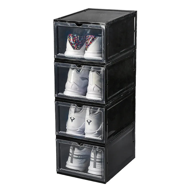 Foldable PP sneaker storage box with cover, internal size 32.5x23x17.5cm, black or transparent, stackable shoe organiser