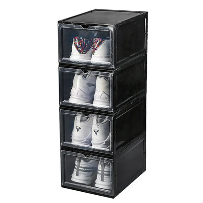 Foldable PP sneaker storage box with cover, internal size 32.5x23x17.5cm, black or transparent, stackable shoe organiser