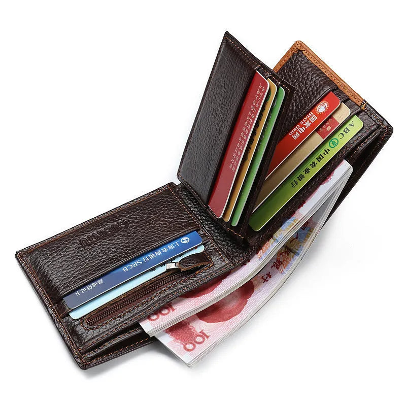 Leather wallet with personality stitching showing 3-fold design, internal compartments, and cowhide leather texture