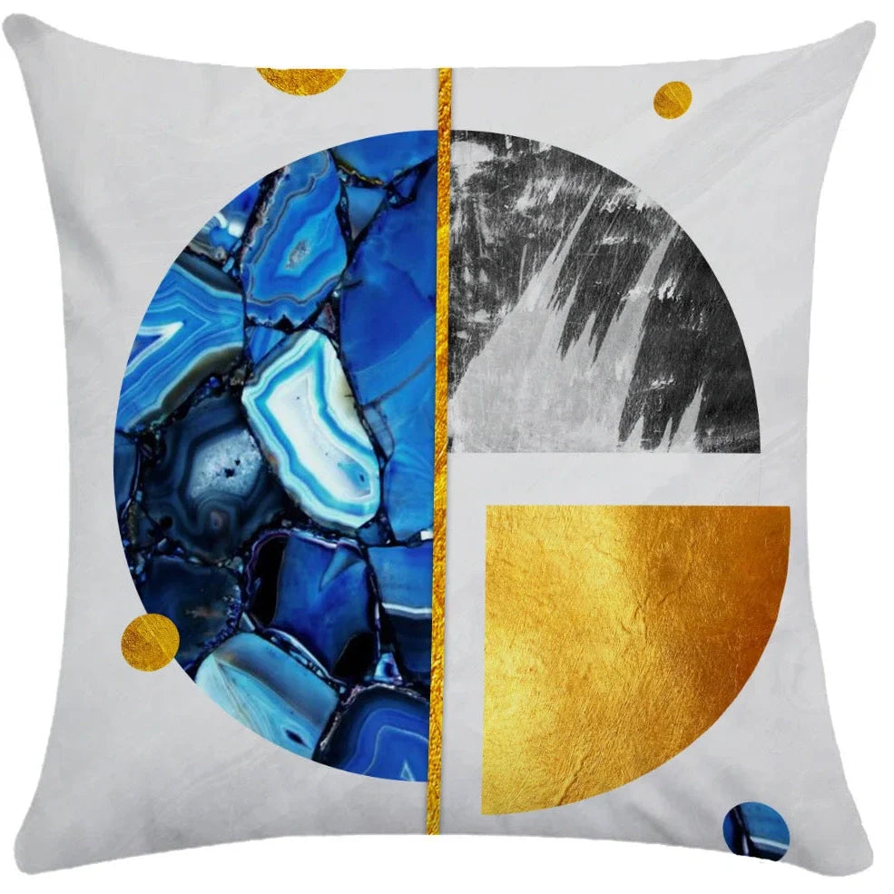 Geometric pattern throw pillow on office sofa showing 45x45cm size with plush fabric texture