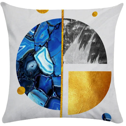 Geometric pattern throw pillow on office sofa showing 45x45cm size with plush fabric texture