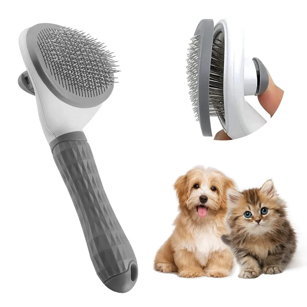 Blue cat brush with release button and fine wire bristles for grooming pets
