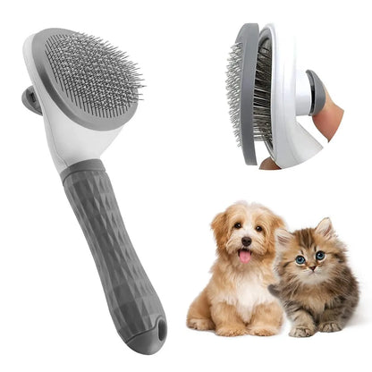 Blue cat brush with release button and fine wire bristles for grooming pets