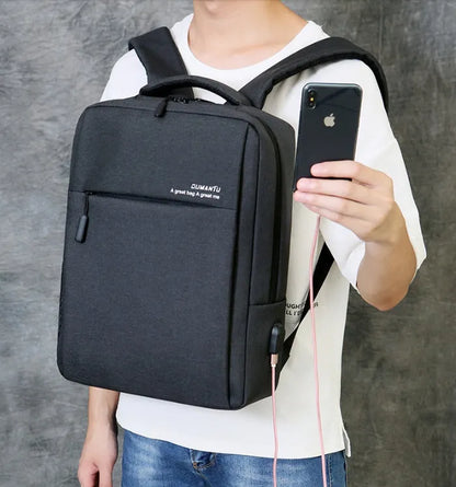Rechargeable waterproof black Oxford cloth laptop backpack for a 15.6-inch computer.