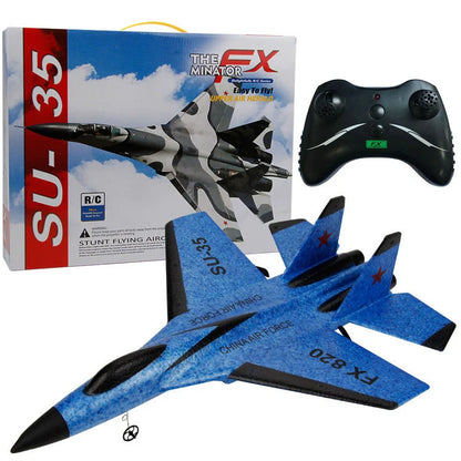 Blue fixed-wing educational toy aeroplane with 390mm length demonstrating flight with remote control