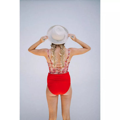High waist maternity swimwear in red, designed for comfort and support during pregnancy