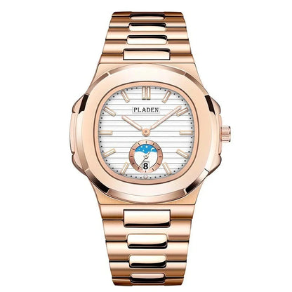 Men's stylish waterproof quartz watch with luminous display and stainless steel strap