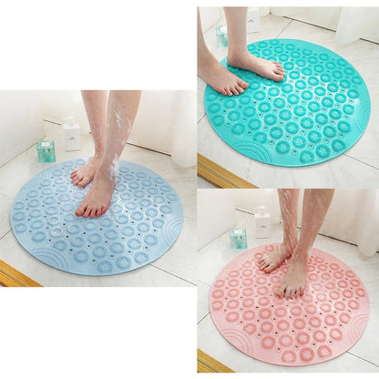 Textured round shower mat with anti-slip surface, massage nodules, and drainage holes for a comfortable and safe bathing experience