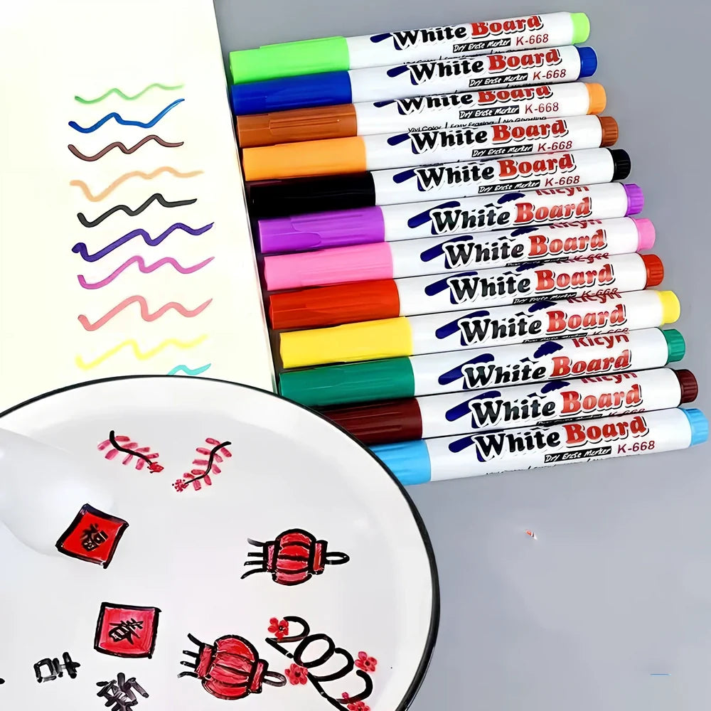 Children's 12-colour floating pen water painting set with plastic spoon, 15cm pens for mess-free art on paper