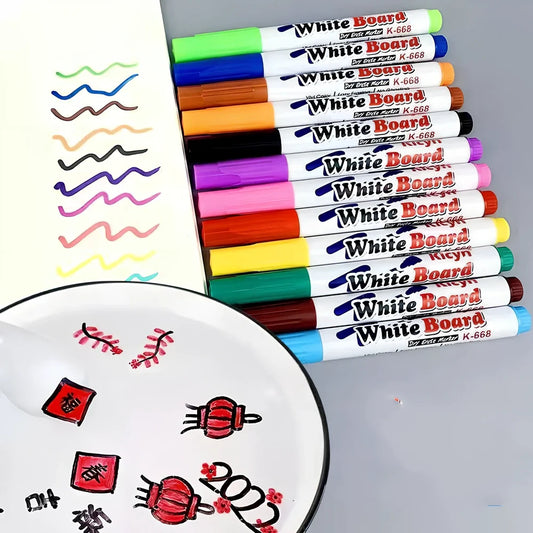 Children's 12-colour floating pen water painting set with plastic spoon, 15cm pens for mess-free art on paper