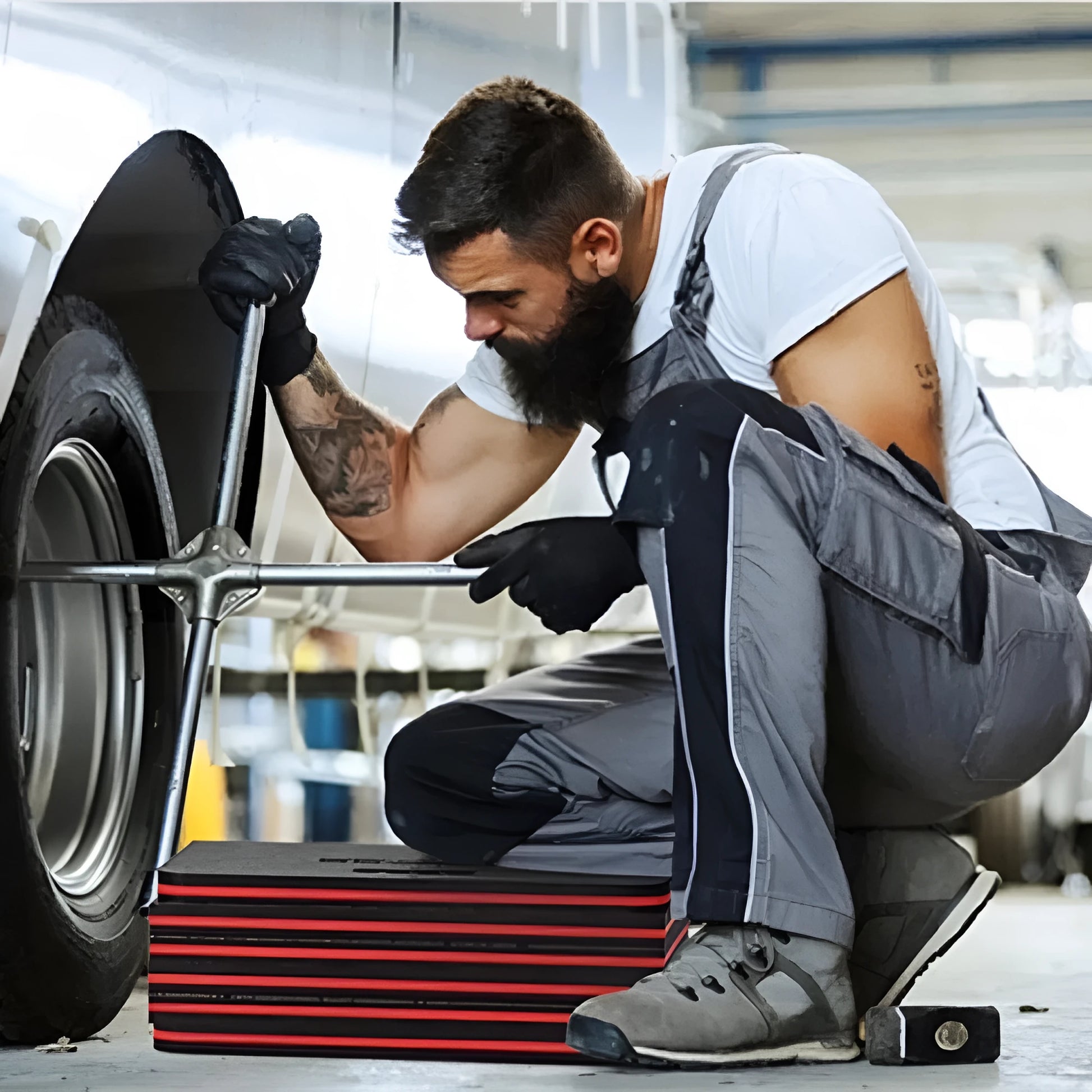 Large grey folding kneeling mat for car repair and gardening, shown unfolded and folded, dimensions 116cm by 40cm.