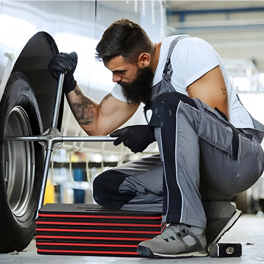 Large grey folding kneeling mat for car repair and gardening, shown unfolded and folded, dimensions 116cm by 40cm.